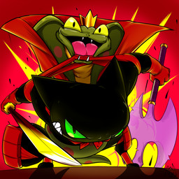 anthro axe black_body black_fur cape clothing coiling crown digitigrade duo feral fur green_eyes headgear katana male melee_weapon snake_hood sword weapon jack_hound cartoon_network mao_mao:_heroes_of_pure_heart coby_(mao_mao) sheriff_mao_mao_mao cobra domestic_cat felid feline felis mammal reptile scalie snake 1:1