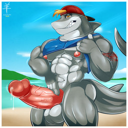 balls bodily_fluids border erection genital_fluids genitals looking_at_viewer male mostly_nude muscular muscular_male nipples non-mammal_balls non-mammal_nipples outside penis precum smile solo white_border aaron_(artist) aquatic fish shark 1:1 2025 dated hi_res
