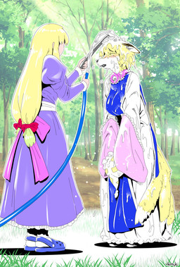 anthro anthrofied blonde_hair blue_clothing blue_footwear brush clothed clothed_anthro clothed_female clothed_human clothing dress duo female footwear forest hair holding_brush holding_hose holding_object hose multi_tail plant purple_clothing purple_dress standing tail tree water wet wet_clothing wet_hair white_clothing white_dress yukaran_nosuke crocs touhou ran_yakumo yukari_yakumo canid canine fox human mammal