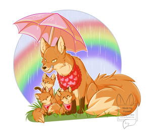 bib female feral fluffy fluffy_tail grass group plant rainbow smile tail umbrella young fennekfuchs atlus megami_tensei persona_(series) persona_4 sega fox_(persona_4) canid canine fox mammal red_fox true_fox 2026 hi_res mother_(lore) mother_and_child_(lore) parent_(lore) parent_and_child_(lore)