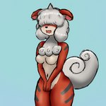 :s anthro anthrofied blue_background blush breasts chest_tuft covering covering_crotch embarrassed featureless_breasts female fur hair hair_over_eyes multicolored_body multicolored_fur navel pokemorph red_body red_fur simple_background small_breasts solo striped_body striped_fur stripes tuft two_tone_body two_tone_fur white_hair saeko_art nintendo pokemon pokemon_legends_arceus generation_8_pokemon hisuian_form hisuian_growlithe pokemon_(species) regional_form_(pokemon) 1:1