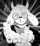 anime_style anthro blood bodily_fluids clothed clothing eyewear fur glasses hollow_purple_(jujutsu_kaisen) horn long_ears looking_at_viewer male nosebleed solo white_body white_fur itisjoidok deltarune jujutsu_kaisen undertale_(series) ralsei bovid caprine goat mammal black_and_white comic hi_res monochrome