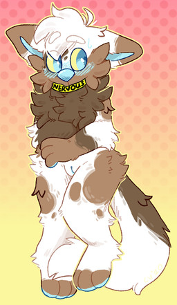 andromorph anthro blue_eyes blush brown_body brown_fur collar dotted_background fluffy fur genitals halftone_background intersex nude pattern_background simple_background solo stippling tail tail_between_legs vulva white_body white_fur crownedvictory mammal 2020 halftone hi_res