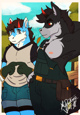 anthro armpit_hair biped body_hair bottomwear clothing duo enticing farm male male_anthro nipples overalls oversized_clothing shorts shy mrdarknesswolf dantalos mrdarknesswolf_(character) demon equid equine horse hybrid mammal hi_res