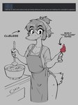 anthro apron beak clothed clothing cooking cooking_pot female food fruit hot_pepper kitchen_utensils ladle looking_at_viewer pepper_(fruit) plant shirt smile solo text tools topwear demidoggo avian bird english_text greyscale hi_res monochrome