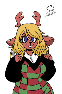anthro antlers big_breasts blonde_hair blue_eyes breasts buckteeth clothed clothing female fully_clothed hair horn simple_background solo standing teeth white_background salty_classicc deltarune undertale_(series) noelle_holiday deer mammal new_world_deer reindeer 2:3 hi_res