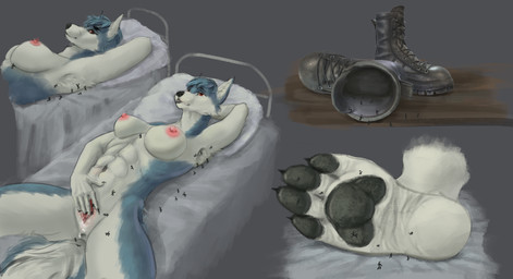 anthro bed boots breasts clothing dominant dominant_female female footgear footwear furniture genitals group macro male male/female micro military nipples nude paws shoes slave soldier vulva warrior worship ozdra anna_morozova canid canine canis domestic_dog husky mammal nordic_sled_dog spitz absurd_res hi_res
