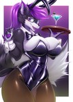 anthro big_breasts blush breasts bunny_costume canid canine canis clothed clothing costume domestic_dog eyewear fake_ears fake_rabbit_ears female fur glasses hair hi_res husky legwear looking_at_viewer mammal mleonheart nordic_sled_dog simple_background smile solo spitz thick_thighs