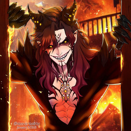 abs black_clothing black_horn black_markings black_sclera black_topwear brown_hair chest_eye clothed clothing fire front_view gradient_hair grin hair horn humanoid_pointy_ears light_body light_skin long_hair looking_at_viewer male markings muscular muscular_humanoid muscular_male open_clothing open_topwear pecs pointy_ears pupils red_hair ridged_horn sharp_teeth slit_pupils smile solo teeth text topwear yellow_eyes demireality demon humanoid 1:1 2025 artist_name dated hi_res