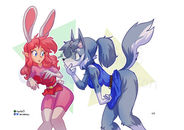 anthro anthrofied belt big_breasts breasts bunny_costume clothing costume crossgender duo eyelashes fake_ears fake_rabbit_ears female hair humanoid_pointy_ears mtf_crossgender pink_hair pointy_ears ponytail raised_tail shirt sniffing square_crossover tail topwear tunic iancsamson nintendo the_legend_of_zelda link link_(wolf_form) canid canine canis human mammal wolf