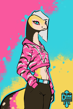 abstract_background anthro bright_colors clothing female hair hoodie midriff solo standing tail topwear white_hair yellow_body yellow_skin josiedink lizard reptile scalie skink hi_res
