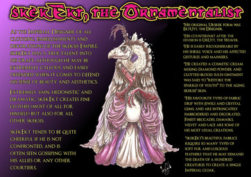 anthro beak clothed clothing elderly fangs fully_clothed gown jewelry multi_limb renaissance_clothing solo speech_bubble teeth text skekla_(artist) the_dark_crystal skekekt_the_ornamentalist alien skeksis comic english_description english_text hi_res model_sheet signature herm_(lore)