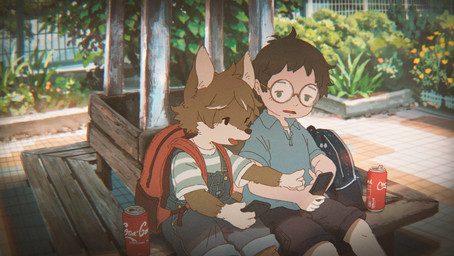 anthro backpack bench beverage_can cellphone clothing duo electronics eyewear footwear gesture glasses hand_gesture holding_cellphone holding_object holding_phone holding_smartphone kemono male male/male on_bench open_mouth outside overalls pattern_clothing pattern_shirt pattern_topwear phone pointing red_backpack shirt shoes sitting sitting_on_bench smartphone striped_clothing striped_shirt striped_topwear stripes topwear young young_anthro young_human young_male nishiko24 coca-cola ookami_(nishiko24) canid canine canis human mammal wolf 2024 hi_res japanese_description