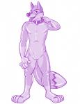 4_toes anthro bodysuit bulge clothed clothing collar feet fur glistening latex male markings open_mouth simple_background skinsuit smile solo teeth tight_clothing toes tongue tongue_out white_background hornbuckle decafyote canid canine canis coyote mammal 2017 digital_drawing_(artwork) digital_media_(artwork) monochrome purple_and_white