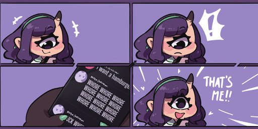1_eye blush dialogue electronics exclamation_point female hair holding_object holding_phone horn looking_down not_furry open_mouth phone purple_hair simple_background smile solo surprised text eerieviolet mirell_(eerieviolet) cyclops humanoid 2022 comic digital_media_(artwork) english_text hi_res