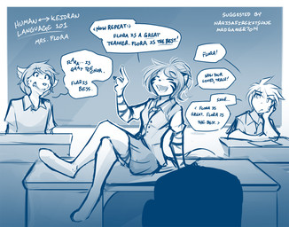 annoyed anthro arm_support bodily_fluids bottomwear chalkboard classroom clothed clothing crossed_legs desk dialogue digitigrade eyes_closed female fur furniture group information_board inside leaning_on_elbow legwear male necktie nervous on_desk open_mouth school sitting skirt smile stockings striped_body striped_fur stripes sweat table teacher text thigh_highs conditional_dnp tom_fischbach twokinds flora_(twokinds) natani trace_legacy canid canine canis felid human keidran mammal pantherine tiger wolf 2017 adobe_photoshop_(artwork) blue_and_white digital_media_(artwork) english_text hi_res monochrome sketch