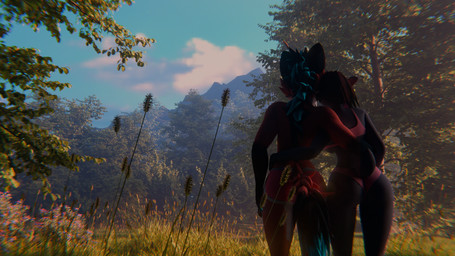 anthro bikini bottomwear clothed clothing cuddling duo female forest grass male outside plant shorts side_grab swimwear tree two-piece_swimsuit neo_nakamura rose_(rosethegoat) sany_van_fox bovid caprine goat mammal 16:9 3d_(artwork) 4k absurd_res digital_media_(artwork) hi_res widescreen