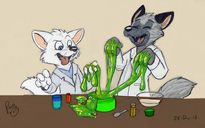 anthro blue_eyes bowl cheek_tuft clothed clothing coat container cup cutlery duo eyes_closed facial_tuft fangs fur glistening glistening_eyes grey_body grey_fur head_tuft kitchen_utensils lab_coat logo male open_mouth red_tongue simple_background slime spoon tail teeth tongue tongue_out tools topwear tuft white_body white_fur white_tail young young_anthro young_male pandapaco 2016 artist_logo dated signature
