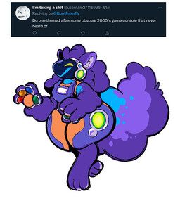 4_fingers anthro clothed clothing dialogue_box female fingers fluffy fluffy_tail fur game_system machine pushbutton simple_background solo tail text white_background boot_(artist) twitter vtech canid canine mammal protogen 2022 digital_media_(artwork) english_text