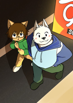 5_fingers age_difference anthro backpack blush clothing duo eyewear fingers glasses kemono male size_difference smile walking young young_anthro young_male manmosu_marimo shota_feline_(marimo) white_canine_(marimo) canid canine canis domestic_cat felid feline felis mammal wolf 2016 2017 digital_media_(artwork)