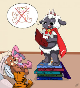 ambiguous_gender anthro book book_stack overweight overweight_ambiguous plushie rabbit_plushie sermon solo teddy_bear tiger_plushie toy upside_down_book young young_ambiguous luciusaris cult_of_the_lamb massive_monster_(studio) lamb_(cult_of_the_lamb) bovid caprine humanoid mammal sheep hi_res
