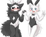 anthro biped black_body black_fur blue_eyes blush bulge bunny_costume clothed clothing costume crossdressing duo femboy fluffy fur hand_holding latex lingerie male simple_background smile white_background white_body white_fur eigetsu changed_(video_game) lin_(changed) puro_(changed) canid canine canis goo_creature mammal monster wolf 5:4 hi_res