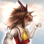 ambiguous_gender black_nose blush bodily_fluids brown_hair fur hair open_mouth outside pawpads ribbons solo sun surprise tears transformation white_body white_fur hawthorn touhou reimu_hakurei animal_humanoid canid canid_humanoid canine canine_humanoid humanoid mammal mammal_humanoid 1:1 2019 female_(lore)