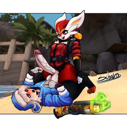 anthro balls big_balls big_penis bodily_fluids duo femboy genital_fluids genitals gun huge_penis human_on_anthro humanoid_genitalia humanoid_penis interspecies male male/male penis precum ranged_weapon shotgun sitting sitting_on_another vein veiny_penis weapon schairodrak nintendo pokemon team_fortress_2 valve pyro_(team_fortress_2) scout_(team_fortress_2) cinderace generation_8_pokemon human mammal pokemon_(species) absurd_res hi_res