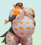 anthro areola belly big_belly big_breasts bottomwear breasts clothed clothing eyewear eyewear_on_head female goggles goggles_on_head hotpants huge_belly huge_breasts hyper hyper_belly hyper_breasts hyper_pregnancy nipples non-mammal_breasts non-mammal_nipples orange_areola orange_body orange_nipples pregnant pregnant_anthro pregnant_female shorts solo thick_thighs topless white_body odisia avian bird hi_res