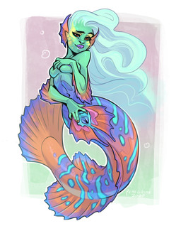 5_fingers blue_hair breasts clitoris covering covering_breasts female fingers genitals hair half-closed_eyes long_hair looking_at_viewer multicolored_body narrowed_eyes nude presenting red_eyes simple_background solo split_form spread_vulva spreading vulva peregrime aquatic fish humanoid mammal merfolk 2020 digital_media_(artwork)