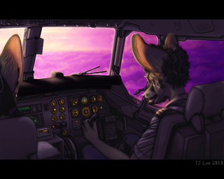 aircraft airplane ambiguous_gender anthro black_bars cloud cockpit duo inside_airplane male pilot scientific_instrument sky solo_focus sun sunrise vehicle fighterjet lux_(character) canid canine fox mammal 2010 letterbox