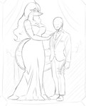 anthro armwear bald big_breasts black_tie_(suit) blush bodily_fluids breasts cleavage clothed clothing crying curvy_figure digit_ring dress duo elbow_gloves female freckled_tail freckles gloves hair handwear jewelry long_hair long_tail looking_at_viewer male male/female mature_anthro mature_female ring smile snout suit tail tail_tuft tail_wrapped_around_body tears tears_of_joy tuft wedding wedding_dress wedding_ring ratherdevious_(artist) cavemanon_studios snoot_game anon_(snoot_game) tarja_(snoot_game) dinosaur human mammal prehistoric_species reptile scalie theropod troodon troodontid 2024 absurd_res hi_res monochrome