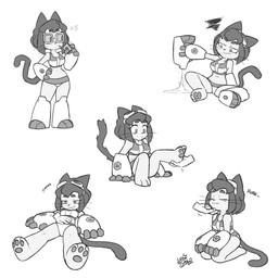 anthro bikini clothed clothing disembodied_hand eyewear female goggles hair humanoid_hands juice_box kneeling lying on_back pawpads petting purring simple_background sitting solo standing swimwear two-piece_swimsuit white_background nekostar gameoverse glitch_productions kit_bodega domestic_cat felid feline felis mammal 1:1 2026 greyscale hi_res monochrome signature