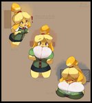 anthro big_breasts blush breast_expansion breasts clothing dialogue dress expansion female hand_on_breast huge_breasts simple_background solo surprise text time_lapse honeycalamari animal_crossing nintendo isabelle_(animal_crossing) canid canine canis domestic_dog mammal shih_tzu toy_dog 2017 digital_media_(artwork) english_text