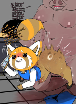 abdominal_bulge ambiguous_penetration anthro balls bite biting_lip blush blush_lines bodily_fluids bottomless butt clothed clothes_on_floor clothing cuckold dialogue duo electronics eyebrows female fur genitals glistening glistening_butt heart_eyes heart_symbol holding_object holding_phone holding_tail impact_lines male male/female motion_lines nude_male on_phone orange_body orange_fur penetration phone phone_call pink_body shirt sweat sweaty_butt tail tail_grab text topwear meweeze aggretsuko sanrio director_ton retsuko ailurid domestic_pig mammal red_panda suid suine sus_(pig) english_text hi_res