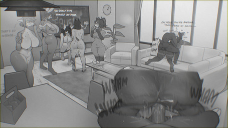anthro being_watched big_breasts biped blush bodily_fluids breasts butt clothing cum detailed_background electronics female female_penetrated from_behind_position furniture genital_fluids genitals group inside larger_female leaking_cum looking_at_another male male/female male_penetrating multicolored_body nipples nude penetration penile penile_penetration penis sex size_difference smaller_female sofa sweat television text undressing wide_hips sincrescent hush_(demivo) iliya_(jigrasmut) zock lagomorph leporid mammal rabbit rodent 16:9 english_text hi_res widescreen