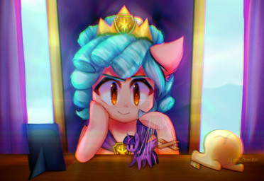blue_hair crown eyebrows female feral fur hair headgear horn pink_body pink_fur puppet solo wings kinnachan456 friendship_is_magic hasbro my_little_pony mythology cozy_glow_(mlp) twilight_sparkle_(mlp) equid equine inanimate_object mammal mythological_creature mythological_equine winged_unicorn signature