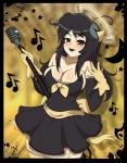 big_breasts black_hair breasts cleavage clothed clothing electronics female gloves glowing glowing_halo hair halo handwear horn huge_breasts markings microphone mole_(marking) not_furry solo wide_hips mairusu-paua bendy_and_the_ink_machine alice_angel angel angel_humanoid demon demon_humanoid humanoid hybrid hi_res