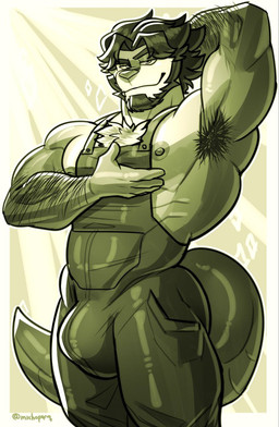anthro arm_hair armpit_hair beard big_bulge big_chest body_hair bulge chest_tuft facial_hair farmer hair looking_at_viewer male muscular muscular_male nipples smile solo tail tuft michopanq nintendo pokemon marcelo_solava chesnaught generation_6_pokemon pokemon_(species) hi_res