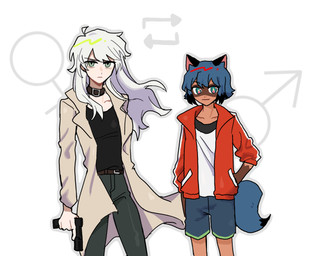 anthro belt black_body black_fur black_hair black_nose blue_body blue_eyes blue_fur blue_hair bottomwear breasts brown_body brown_fur clothed clothing coat collar crossgender duo female female_symbol fluffy fluffy_tail fur gender_symbol hair holding_object holding_weapon jacket long_hair male male_symbol mtf_crossgender multicolored_body multicolored_fur multicolored_hair symbol tail topwear weapon caffeicbunny brand_new_animal studio_trigger michiru_kagemori shirou_ogami canid canine human mammal raccoon_dog tanuki hi_res portrait three-quarter_portrait