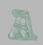 bald_female bottomwear clothed clothing female hand_behind_head kneeling looking_at_viewer nervous ninja pants solo warrior h_(artist) teenage_mutant_ninja_turtles teenage_mutant_ninja_turtles_(idw) jennika_(tmnt) reptile scalie turtle