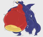 anthro belly big_belly bodily_fluids breath cracked_ground cracks huge_belly hyper male motion_lines navel obese obese_anthro obese_male open_mouth overweight overweight_anthro overweight_male panting pink_tongue purple_body red_belly red_body solo sweat teeth tongue walking thearmordines nintendo pokemon garchomp generation_4_pokemon pokemon_(species) hi_res