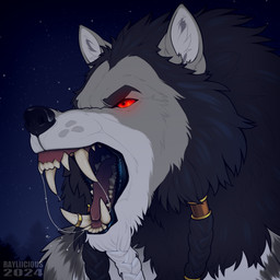 anthro beard big_fangs bodily_fluids braided_beard canine_teeth carnassials facial_hair fangs fur grey_body grey_fur incisors male mouth_shot night open_mouth outside red_eyes saliva saliva_string solo teeth text white_body white_fur rayliicious canid canine canis mammal wolf 1:1 2024 artist_name dated hi_res