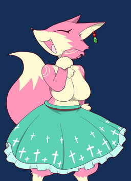 alternative_fashion anthro biped bottomwear breasts casual_lolita chest_tuft clothed clothing cross ear_piercing eyes_closed fangs female fur j-fashion jewelry laugh lolita_(fashion) markings ojou_laugh open_mouth piercing simple_background skirt solo standing tail teeth topless transparent_background tuft hukurama canid canine fox mammal alpha_channel