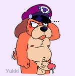 anthro balls belly blush bodily_fluids clothing cum cum_drip dripping embarrassed genital_fluids genitals hat headgear headwear male penis slightly_chubby solo tail tail_motion tailwag yukkibutlewd brawl_stars supercell_(company) ruffs canid canine canis domestic_dog mammal