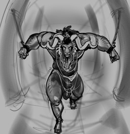 abstract_background anthro big_muscles chained_cuffs chained_to_wall chest_tuft clothed clothing curled_horn curly_hair fantasy hair horn larger_male male muscular muscular_anthro muscular_male partially_clothed partially_clothed_anthro partially_clothed_male ponytail pose sheep_horns size_difference solo spread_arms tuft wide_shot purplebirdman roshim_(purplebirdman) bovid caprine mammal sheep 2025 black_and_white digital_media_(artwork) digital_painting_(artwork) full-length_portrait greyscale hi_res monochrome painting_(artwork) portrait shaded sketch