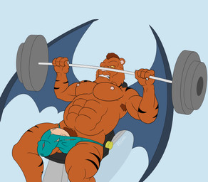 abs armpit_hair barazoku barbell bared_teeth bench_press bodily_fluids body_hair clenched_teeth clothing cum erection erection_under_clothing exercise genital_fluids leaking_cum male mohawk muscular muscular_male nipples pubes pupils slit_pupils solo speedo straining straining_underwear sweat swimwear teeth underwear weightlifting wings workout spiffygreen disney gargoyles claw_(gargoyles) felid feline gargoyle hybrid mammal pantherine tiger absurd_res hi_res