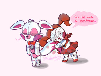 annoyed anthro chibi clothing dress duo ears_down eyes_closed female food fruit hair happy head_tuft hug lipstick machine makeup open_mouth open_smile pink_inner_ear pivoted_ears plant red_cheeks red_hair red_nose ribbons simple_background smile speaker strawberry text tuft white_background fallingwaterx five_nights_at_freddy's scottgames sister_location circus_baby_(fnaf) funtime_foxy_(fnaf) animatronic canid canine fox humanoid mammal robot 2016 4:3 english_text hi_res signature
