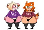 anthro blonde_hair clothing dipstick_tail duo green_eyes hair hair_over_eye huge_hips huge_thighs legwear light_body looking_at_viewer male markings one_eye_obstructed orange_hair pink_body red_eyes shirt smile sweater tail tail_markings tan_body text text_on_clothing thick_thighs thigh_highs thong topwear underwear wide_hips inuzu tsukihime type-moon inuki_zu munne neco-arc canid canine canis domestic_dog mammal 2023 english_text hi_res