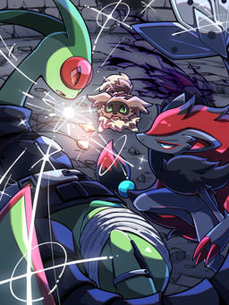 ambiguous_gender anthro armor attack black_body black_fur black_nose blue_eyes brown_body brown_fur clothing cute_fangs detailed_background fangs feral fight fur gem green_body green_eyes group hair inner_ear_fluff jewelry male necklace open_mouth paws red_eyes red_hair tan_body tan_fur teeth tongue trio tuft unknown_artist nintendo pokemon sivera_(zigzagoon) flygon generation_3_pokemon generation_5_pokemon pokemon_(species) zigzagoon zoroark 2024 3:4 hi_res